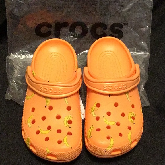 banana print crocs